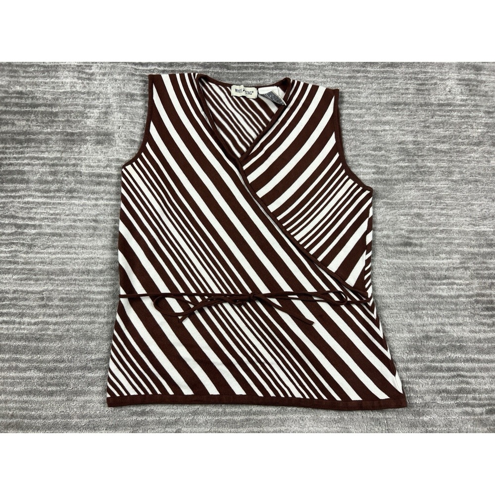 White Stag Top Womens Medium Brown‎ White Striped Sleeveless Knit Acrylic Blend